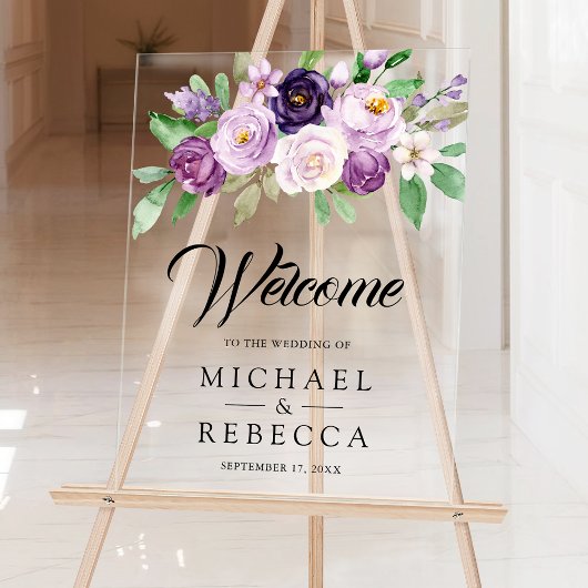 Rustic Purple Floral Wedding Welcome アクリルサイン