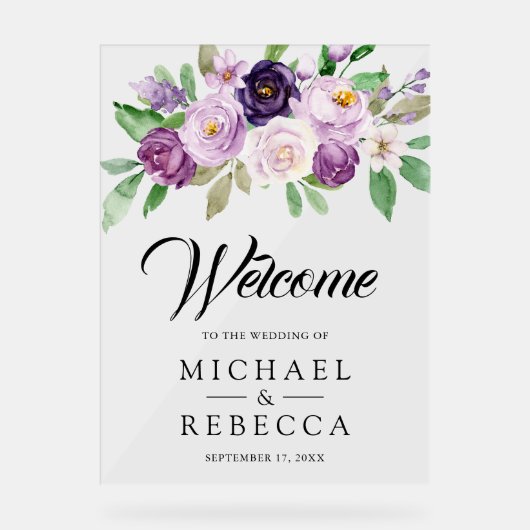 Rustic Purple Floral Wedding Welcome アクリルサイン (正面)