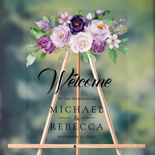 Rustic Purple Floral Wedding Welcome アクリルサイン (ニュートラル)