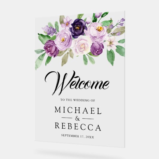 Rustic Purple Floral Wedding Welcome アクリルサイン (傾斜)