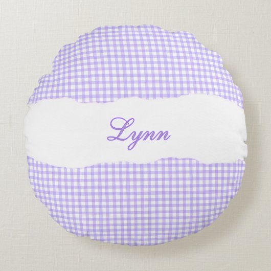 Rustic Purple Gingham Personalized Name ラウンドクッション (正面)
