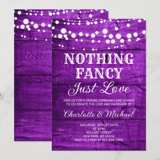  Rustic Purple Nothing Fancy Just Love Wedding 招待状 (正面/裏面)