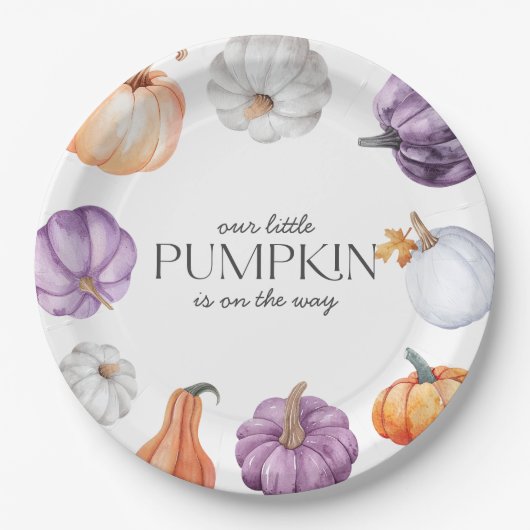 Rustic Purple Orange White Pumpkin Baby Shower ペーパープレート (正面)