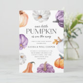 Rustic Purple Orange White Pumpkin Baby Shower 招待状 (スタンド正面)