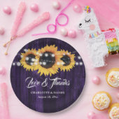 Rustic Purple Wood String Lights Sunflower Wedding ペーパープレート (パーティー)