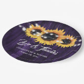 Rustic Purple Wood String Lights Sunflower Wedding ペーパープレート (アングル)