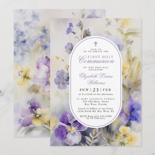 Rustic Purple & Yellow First Holy Communion 招待状 (正面/裏面)