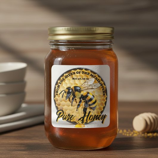 Rustic Realistic Honey Bee & Honeycomb Apiary Jar スクエアシール