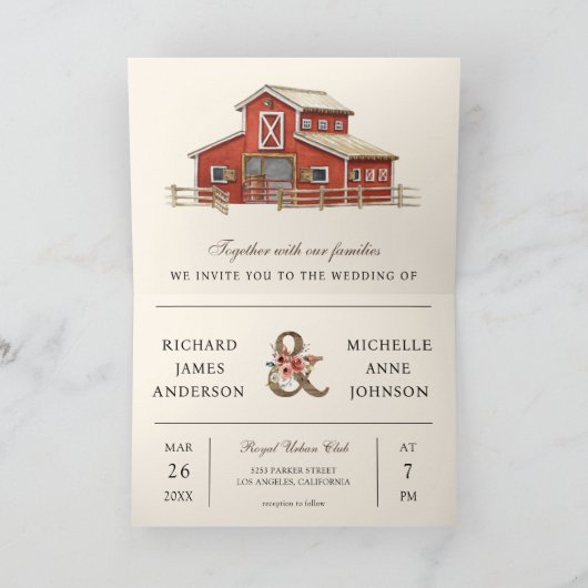 Rustic Red Barn Country Farm QR Code Wedding 招待状 (内部)