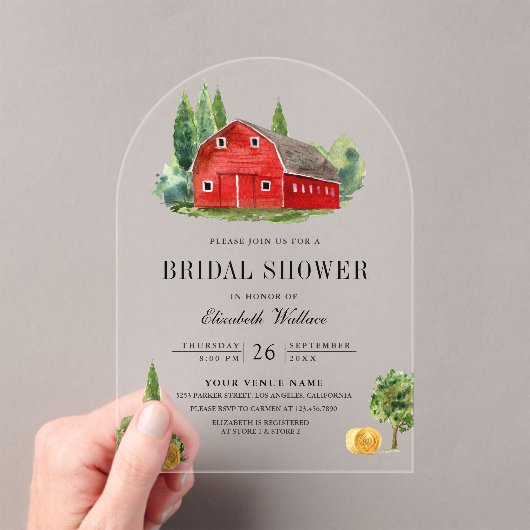 Rustic Red Barn Rural Farm Bridal Shower アクリル招待状 (インサイチュ (ポータブル))