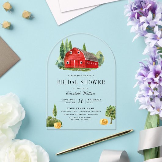 Rustic Red Barn Rural Farm Bridal Shower アクリル招待状 (インサイチュ (ウェディング))