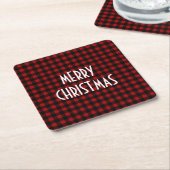 Rustic Red & Black Buffalo Plaid Merry Christmas スクエアペーパーコースター (アングル)