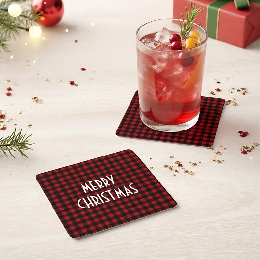 Rustic Red & Black Buffalo Plaid Merry Christmas スクエアペーパーコースター