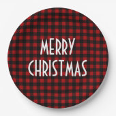Rustic Red & Black Buffalo Plaid Merry Christmas ペーパープレート (正面)