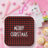Rustic Red & Black Buffalo Plaid Merry Christmas ペーパープレート (パーティー)