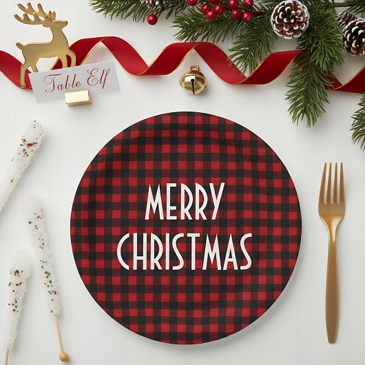 Rustic Red & Black Buffalo Plaid Merry Christmas ペーパープレート
