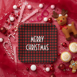 Rustic Red & Black Buffalo Plaid Merry Christmas ペーパープレート