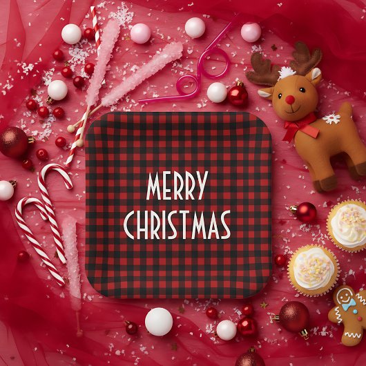 Rustic Red & Black Buffalo Plaid Merry Christmas ペーパープレート