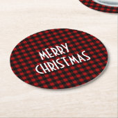 Rustic Red & Black Buffalo Plaid Merry Christmas ラウンドペーパーコースター (アングル)