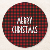 Rustic Red & Black Buffalo Plaid Merry Christmas ラウンドペーパーコースター (正面)