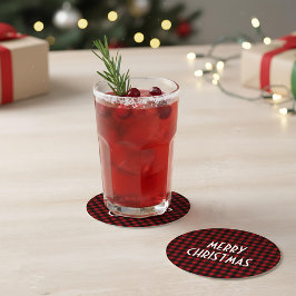 Rustic Red & Black Buffalo Plaid Merry Christmas ラウンドペーパーコースター