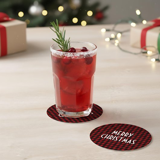 Rustic Red & Black Buffalo Plaid Merry Christmas ラウンドペーパーコースター