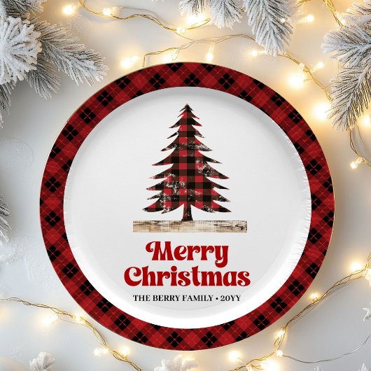 Rustic Red Black Plaid Christmas Party Paper Plate ペーパープレート