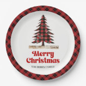 Rustic Red Black Plaid Christmas Party Paper Plate ペーパープレート (正面)
