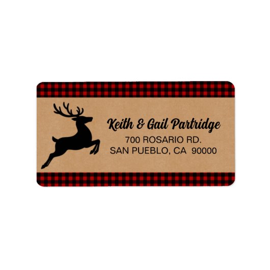 Rustic Red & Black Plaid Reindeer Christmas Custom ラベル (正面)