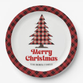Rustic Red Black Plaid Tree Christmas Paper Plates ペーパープレート (正面)