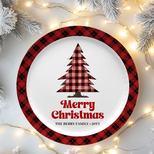 Rustic Red Black Plaid Tree Christmas Paper Plates ペーパープレート