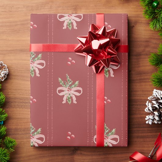 Rustic Red Botanical Bows Christmas ラッピングペーパー