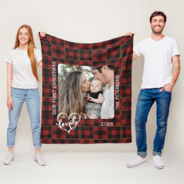 Rustic Red Buffalo Plaid First Christmas Family フリースブランケット