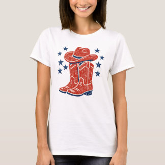 Rustic Red Cowboy Boots and Blue Stars Western Tシャツ
