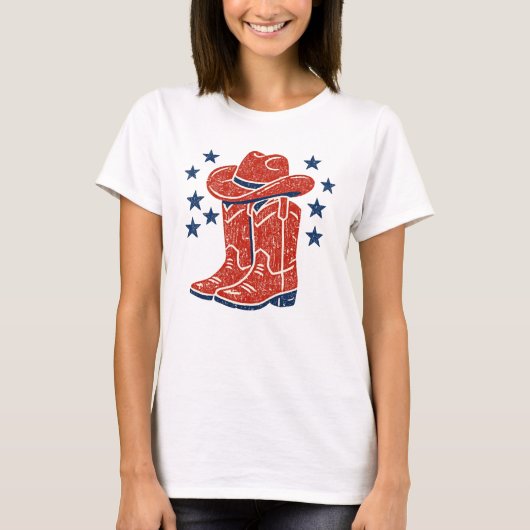 Rustic Red Cowboy Boots and Blue Stars Western Tシャツ (正面)