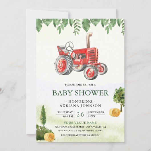 Rustic Red Farm Tractor Baby Shower 招待状 (正面)