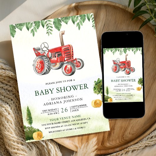 Rustic Red Farm Tractor Baby Shower 招待状
