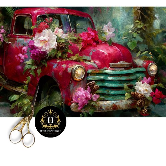 Rustic Red Floral Truck Decoupage 薄葉紙