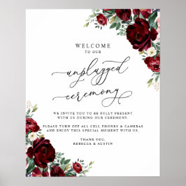 Rustic Red Floral Unplugged Ceremony Wedding Sign ポスター