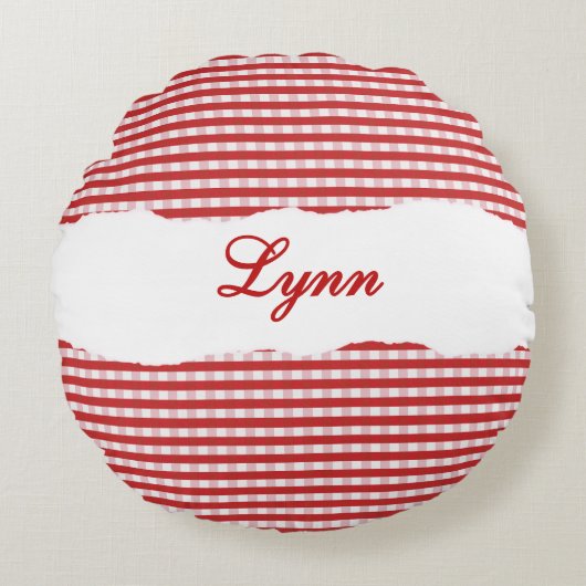 Rustic Red Gingham Personalized Name ラウンドクッション (正面)