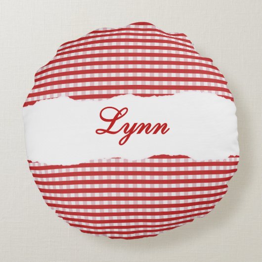 Rustic Red Gingham Personalized Name ラウンドクッション (裏面)