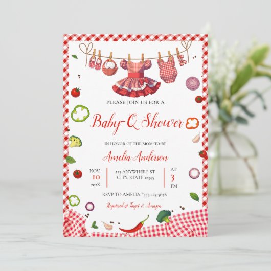 Rustic Red Gingham Plaid BBQ Baby Shower 招待状 (スタンド正面)
