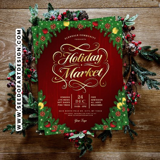 Rustic Red & Gold Christmas Holiday Market Event チラシ