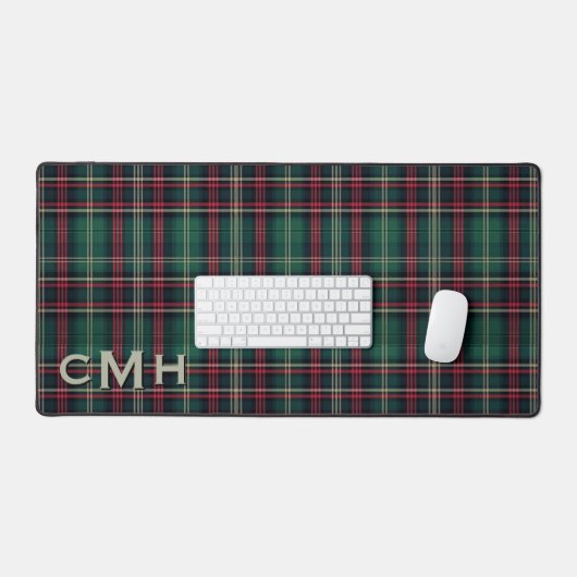 Rustic Red Green & Black Tartan Plaid Monogram デスクマット (キーボード&マウス)
