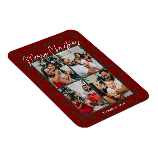 Rustic Red Green Christmas Photo Collage Card  マグネット (右側)