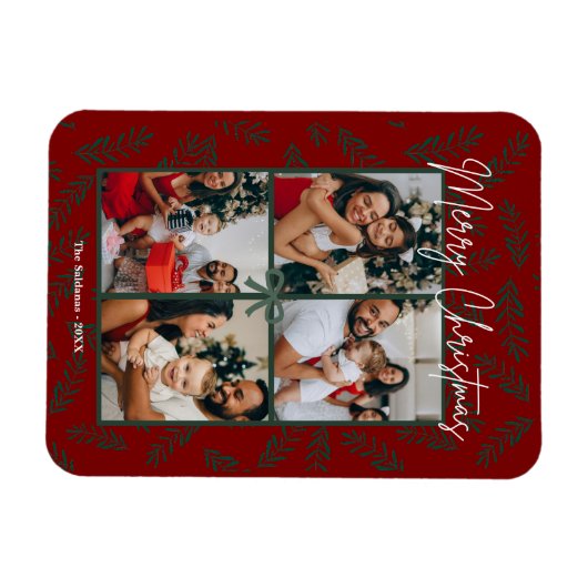 Rustic Red Green Christmas Photo Collage Card  マグネット (横)