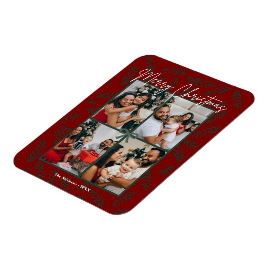 Rustic Red Green Christmas Photo Collage Card  マグネット (左側)