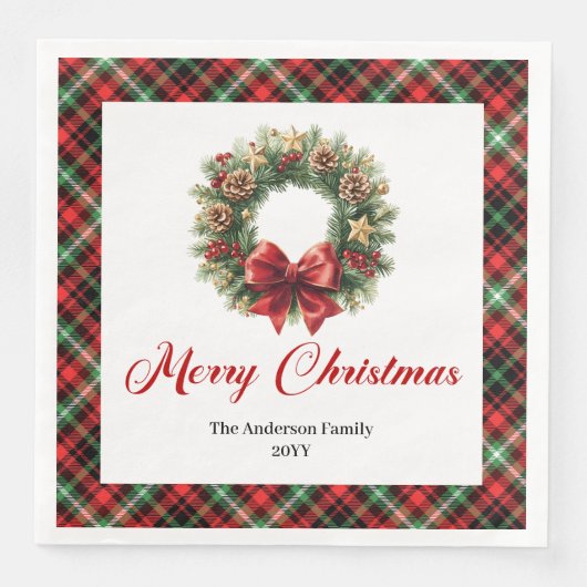 Rustic Red Green Christmas Wreath Napkin Set (正面)
