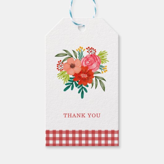Rustic Red & Green Floral Christmas Thank You ギフトタグ (正面)