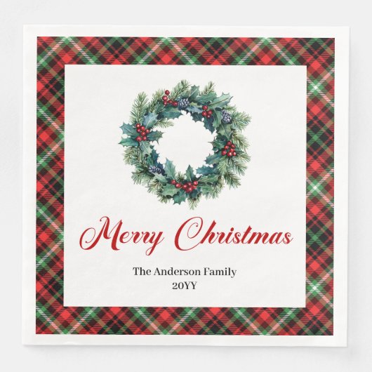 Rustic Red Green Plaid Christmas Wreath Napkins (正面)